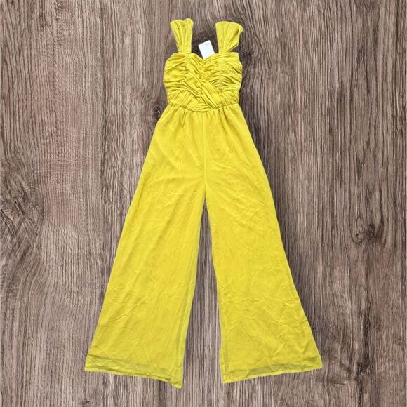 ASOS Bandeau Yellow Sleeveless Wide Leg Jumpsuit Chiffon Ruched Body - Picture 1 of 12